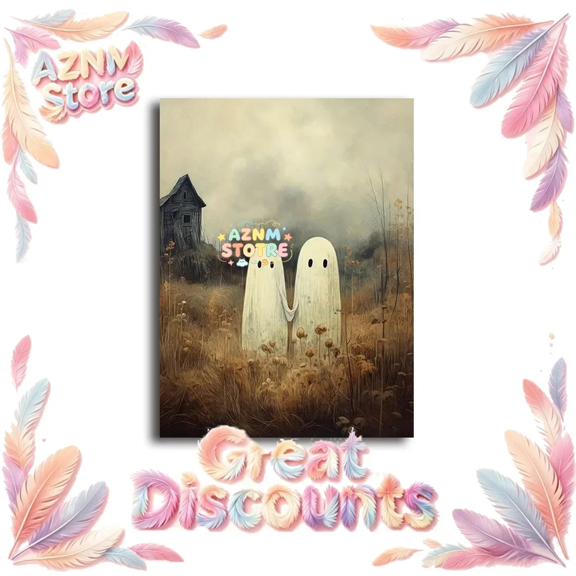 Cute Ghost Brushing Teeth for Black Cat Canvas Print Witch Bathroom Halloween Wall Art Poster for Modern Living Room Home 202