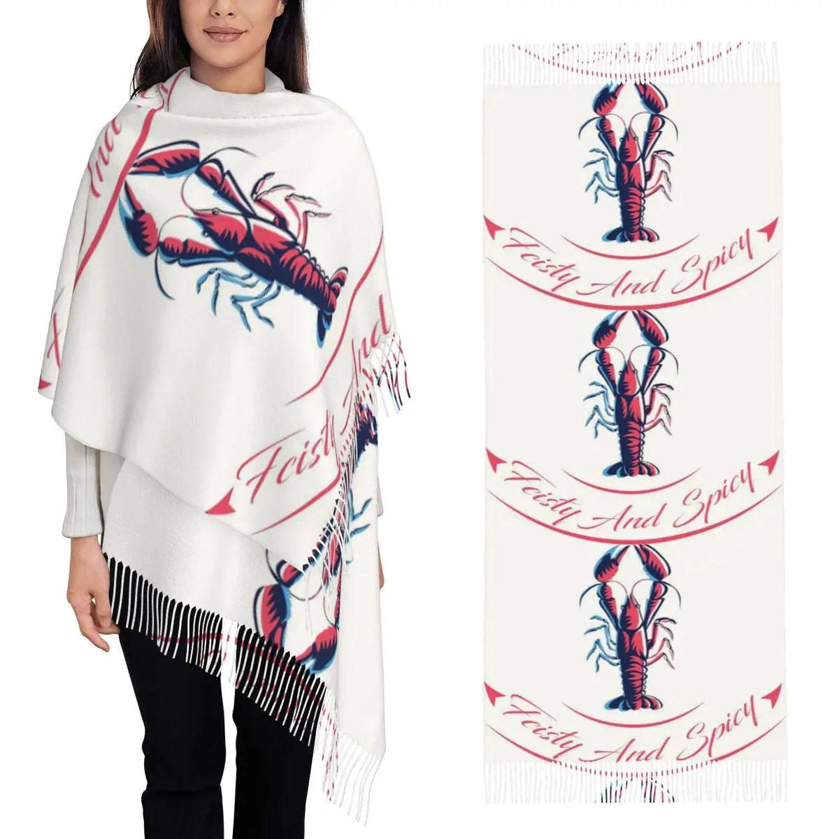 

Feisty And Spicy Red Lobster Crawfish Шарф Шарфы с кисточками для женщин Мягкие теплые шали и накидки Большая осенне-зимняя шаль