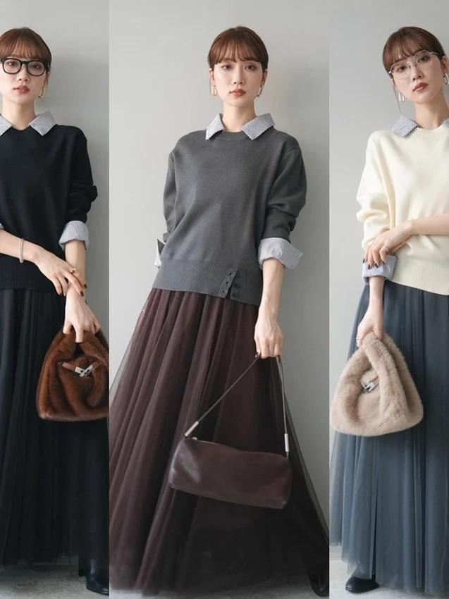 

Women's Knitted Patchwork Long Sve irt Collar Me Skirt Two-Piece Set V-Ne Midi Dr Autumn Faion Casual Workwear