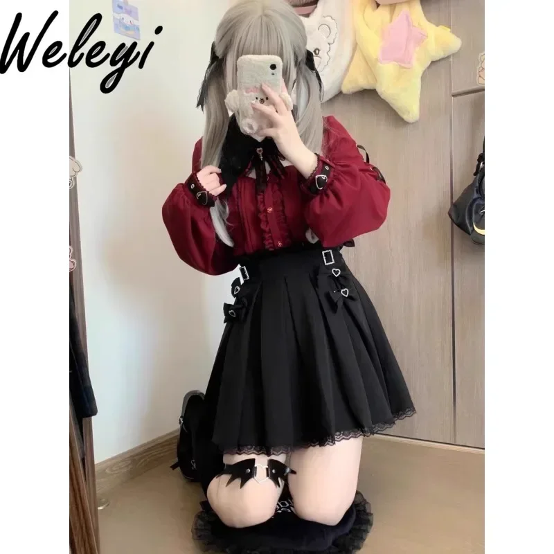 Y2k Wine Red Long Short Sleeve Shirts Ropa Mujer Halloween Blood Sucking Ji Sweet Blouses Cool Mine Style Bat Lace Collar Tops