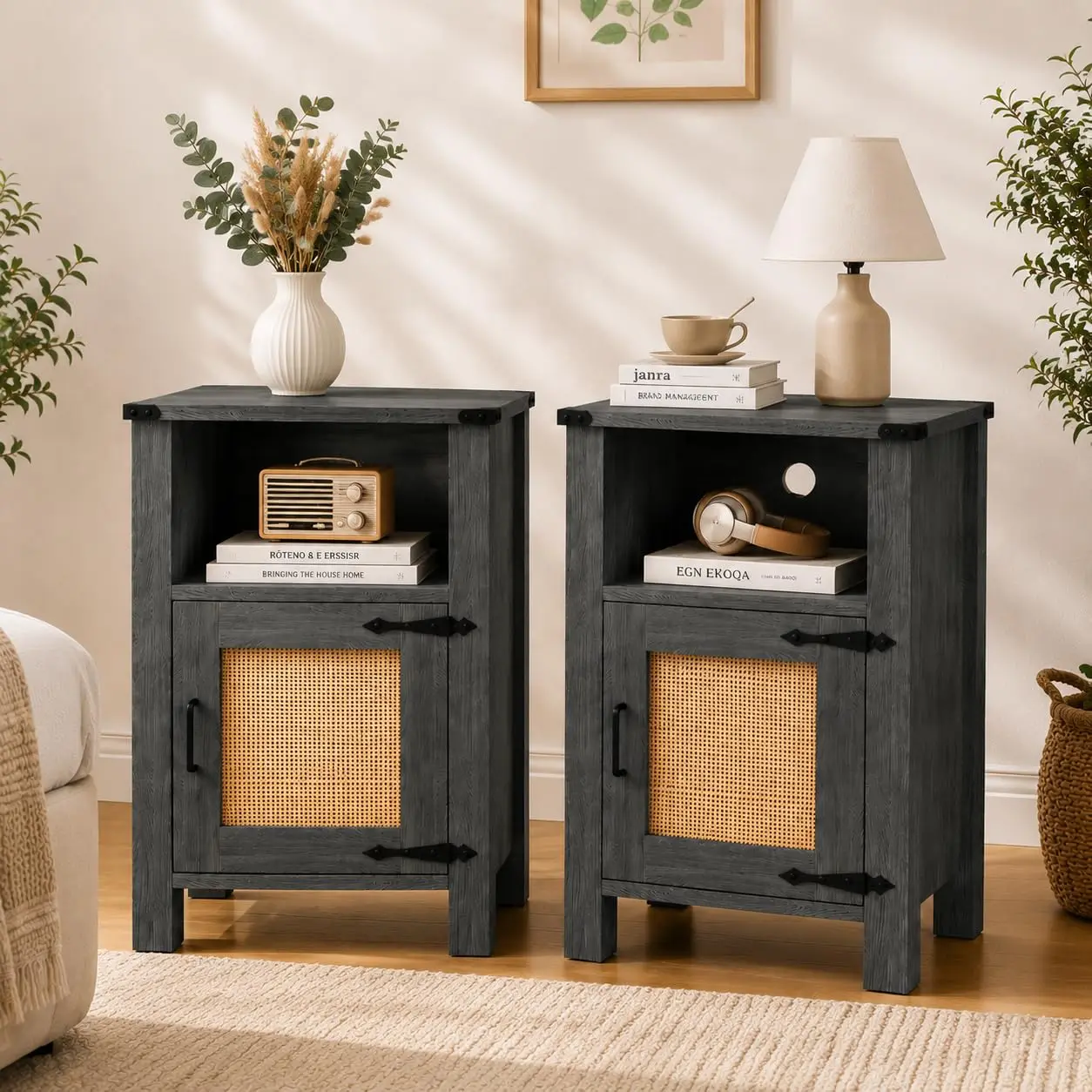 Rattan Nightstand Set of 2 with Cabinet Boho Farmhouse Dark Gray, Customized