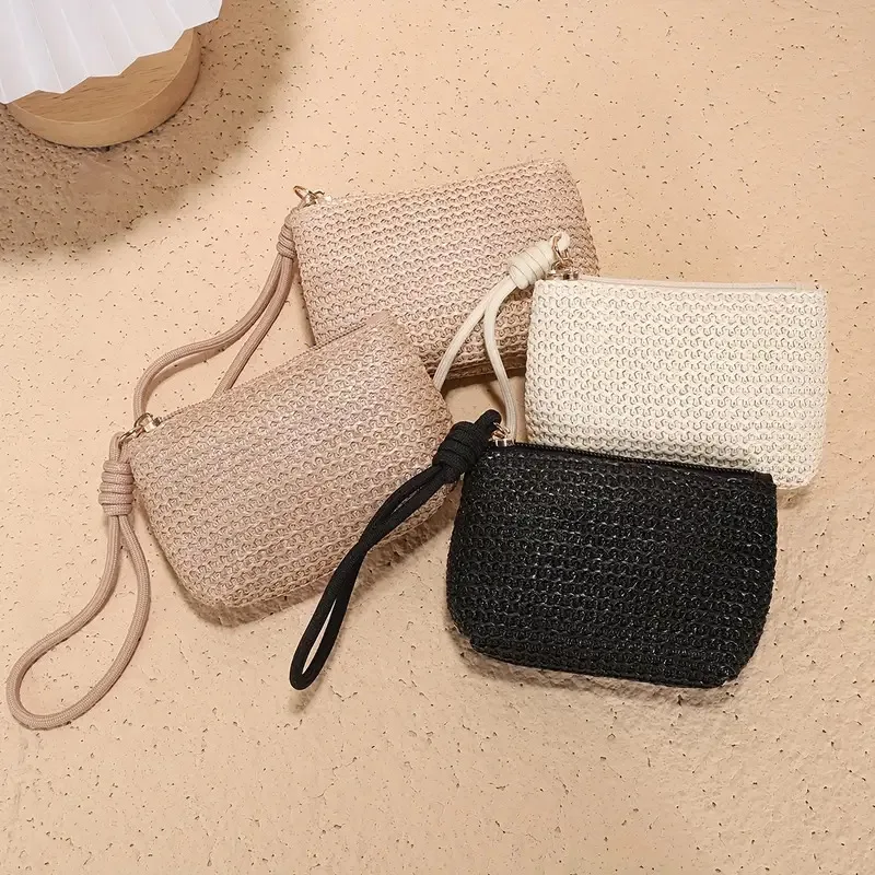 Bolso de mano de paja tejida con cremallera, monedero, neceser, correa de mano, mini bolso de playa, bolso pequeño portátil para mujer, para uso diario y viajes.