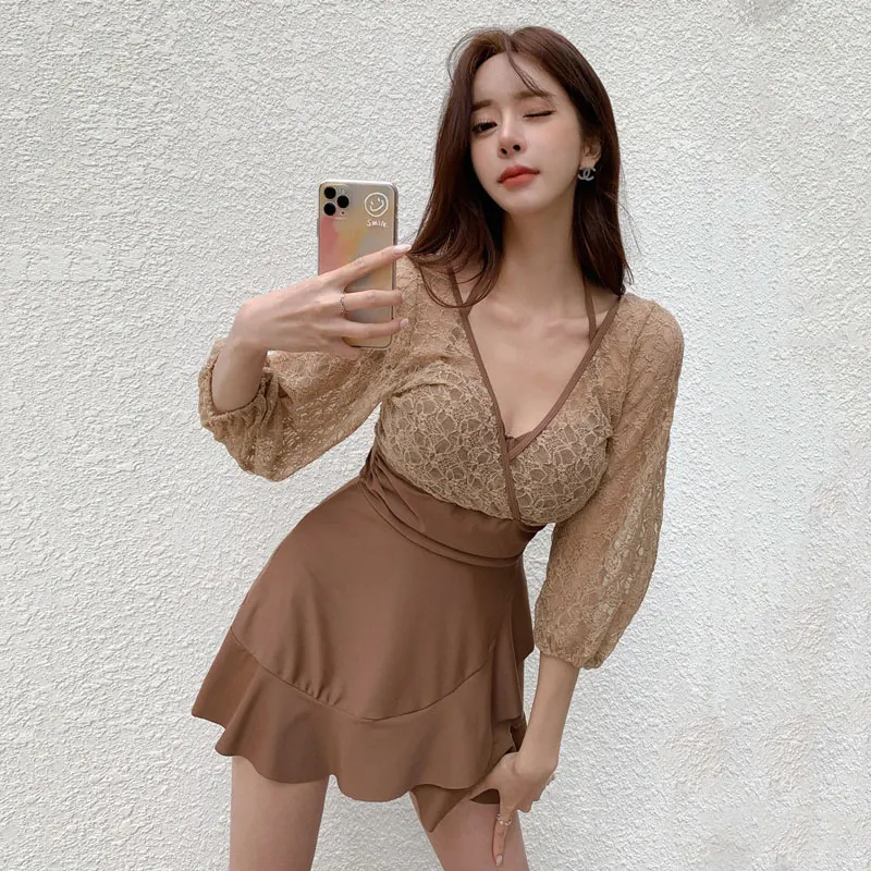 

2023 New Sexy Fake Two Piece One Piece Skirt Female Swimsuit Korean Version of The Thin Loose Conservative Swimsuit