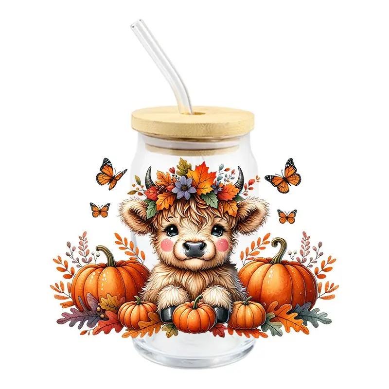 Cartoon Cow 3D UV DTF Cute Fashion 16oz Glass Mug Cup Libbey Transfer Sticker Hot Sale Transfer Sticekr DIY Decals