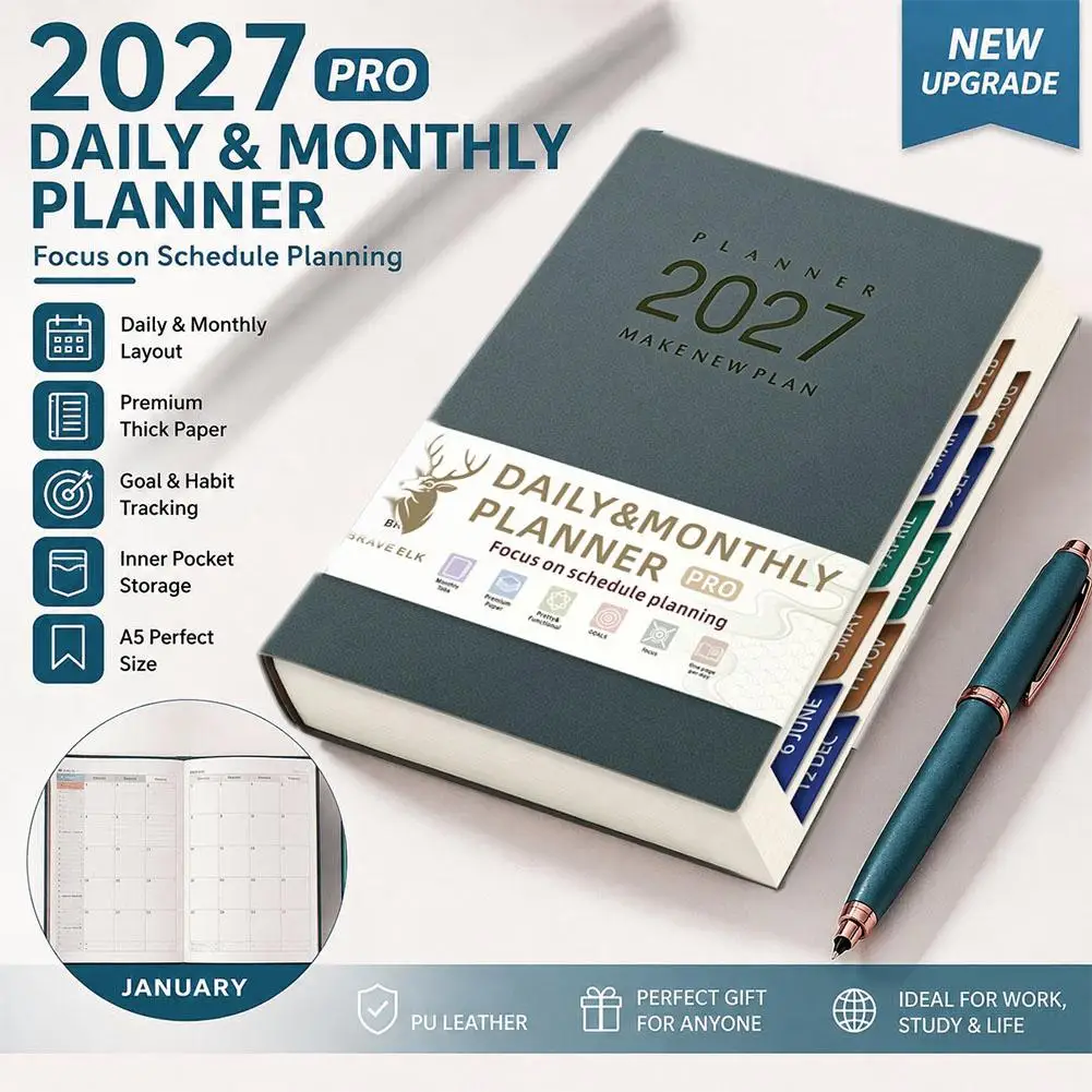 2027 Daily Planner Ring Binder Notebook 400 Pages Habit Tracker Monthly Schedule Book Time Management Self Discipline Journal
