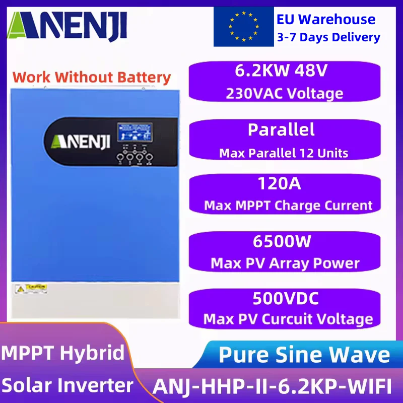 Hybrid Solar Inverter 6.2KW Parallel MPPT 48V 220V Pure Sine Wave Off Grid Inverter 120A Solar Charger Controller 50Hz/60Hz Auto