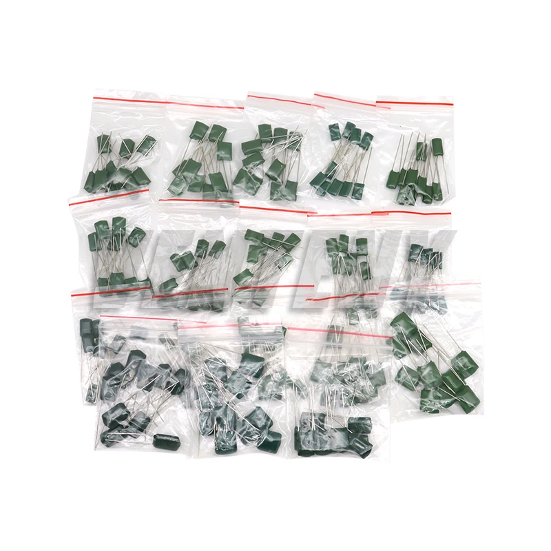 180pcs=18value*10pcs Polyester film capacitor Assorted Kit contains 2A104J 2A332J 2A472J 2A103J 2A333J 2A473J 2A563J 2A223J