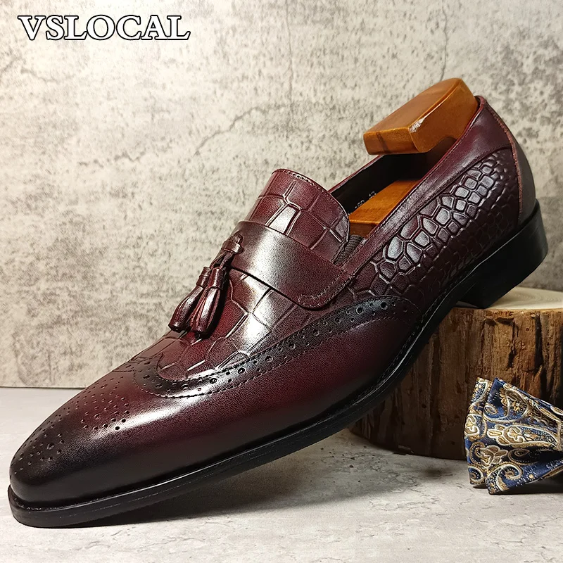 Роскошные мужские лоферы, формальные повседневные мужские модельные туфли с принтом крокодила, черные бордовые мужские туфли из натуральной кожи с кисточками