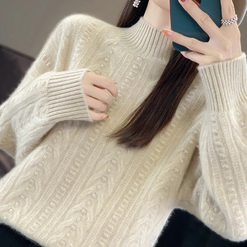 Autumn Winter Basic Mock Neck 100% Merino Wool Sweater Pullover Cashmere Solid Color Lazy Style Long Sleeves Clothing Tops