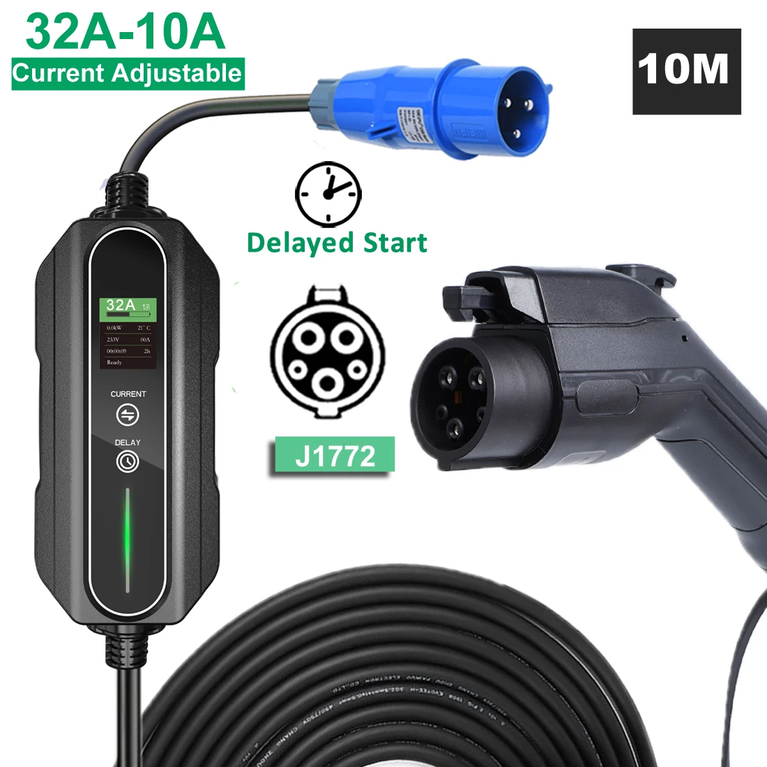 

Portable EV Car Charger Type 1 J1772 Level 2 32A 1 Phase 7.2KW EVSE Adjustable Current Electric Vehicle Charger for Home 5Meters