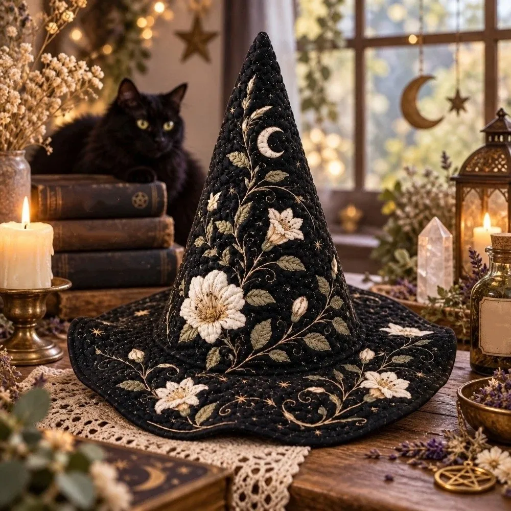 Wide Brim Halloween Witch Hat Vintage Quilting Process Pointed Wizard Hat Reindeer Cosplay Party Hat Halloween