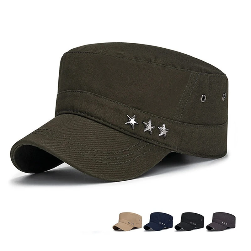 2023 Men\'s Star Label Military Cap Fashion Classic Cotton Flat Caps Outdoor Sun Protection Casual Hat Retro Army Cadet Style Hat