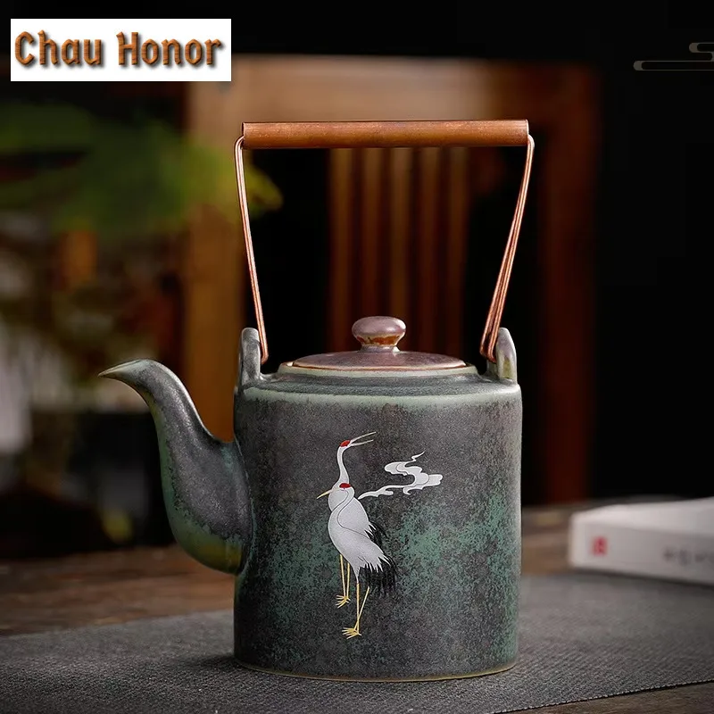 310ml Chinese Style Handle Pot Ceramic Retro Tea Set Single Pot Simple Teapot Stoneware Copper Handle Soaking Teapot Teaware