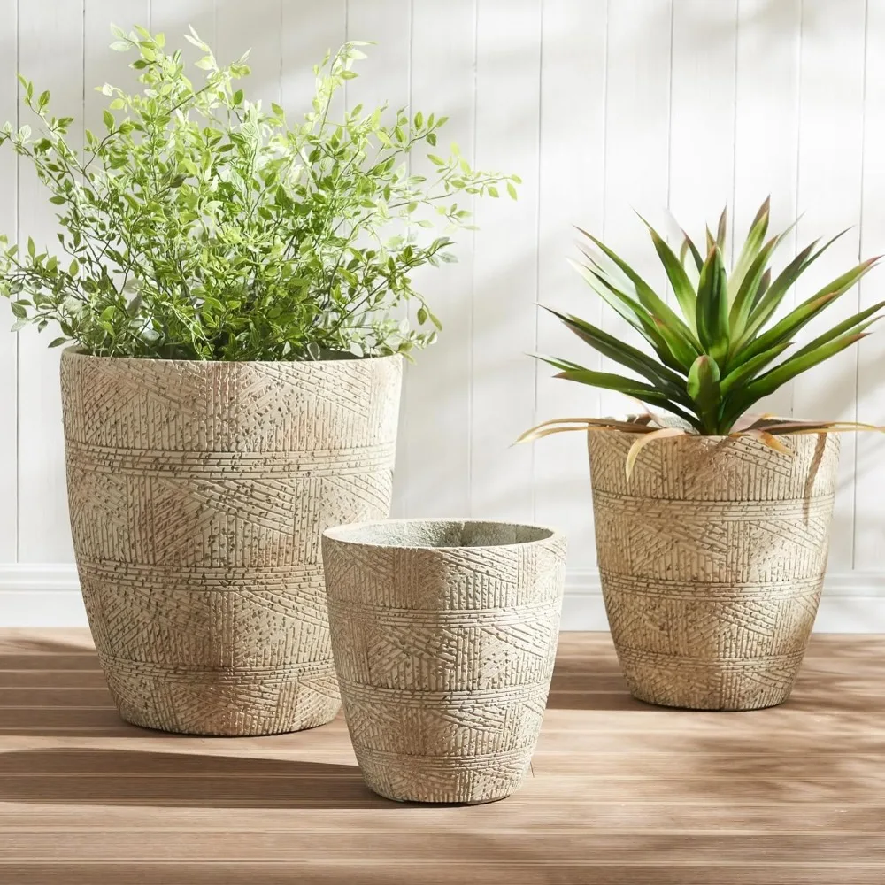 Dia Round Concrete Planter Set of 3, Large Indoor Outdoor Planter, Flower Pots with Drainage Holes and Sealing Plug