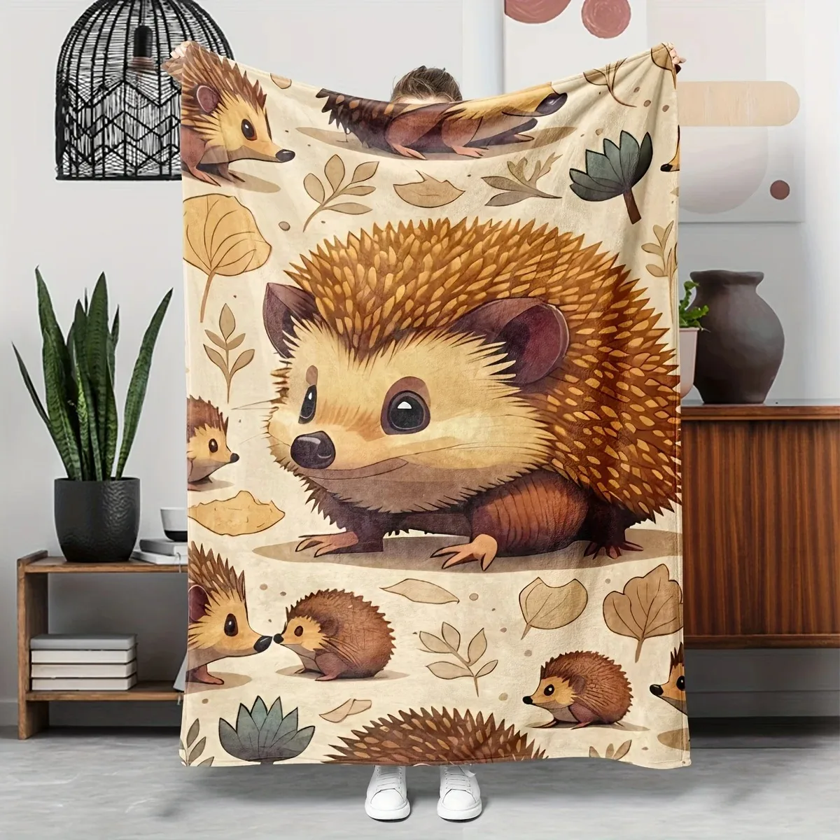 

Adorable Hedgehog Cartoon Flannel Throw Blanket Autumn Leaves Design Soft Warm Cozy Sofa, Bed, Office | Perfect Holiday Gift
