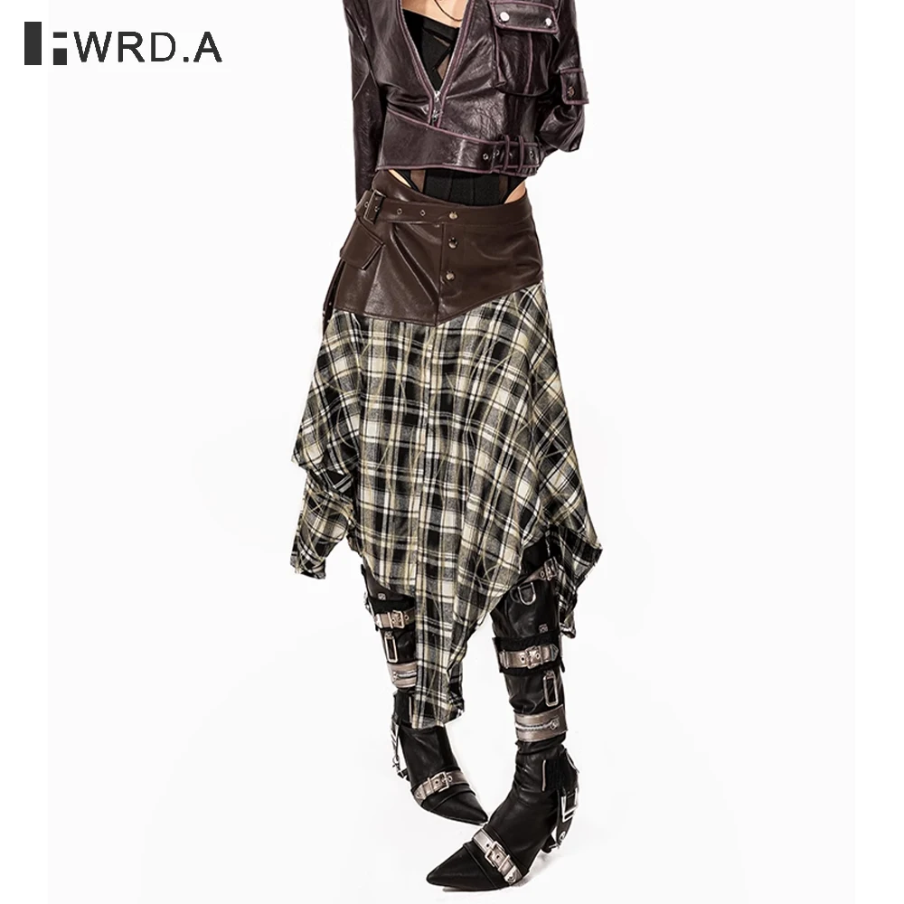 

FWRD Women’s Vintage PunkPlaid Patchwork Midi Skirt with Faux LeatherCorset Waist Autumn Winter Irregular A Line Skirt#FWRD6033