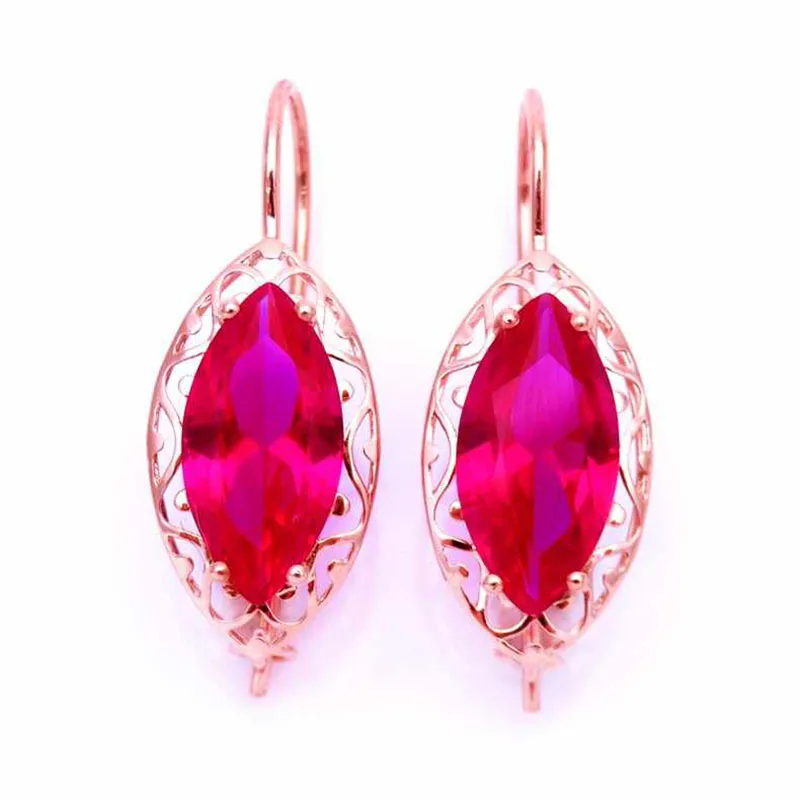 

585 purple gold 14K rose gold inlaid Marquise shape ruby earrings for women long classic series luxury engagement jewelry