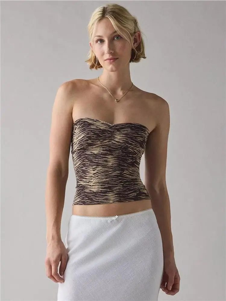 Sexy Striped Tube Top T-Shirt Strap Vest Shoulder Bared Sleeveless Top for Young Girls City Walk PVC Fabric H Shape Slim Fit