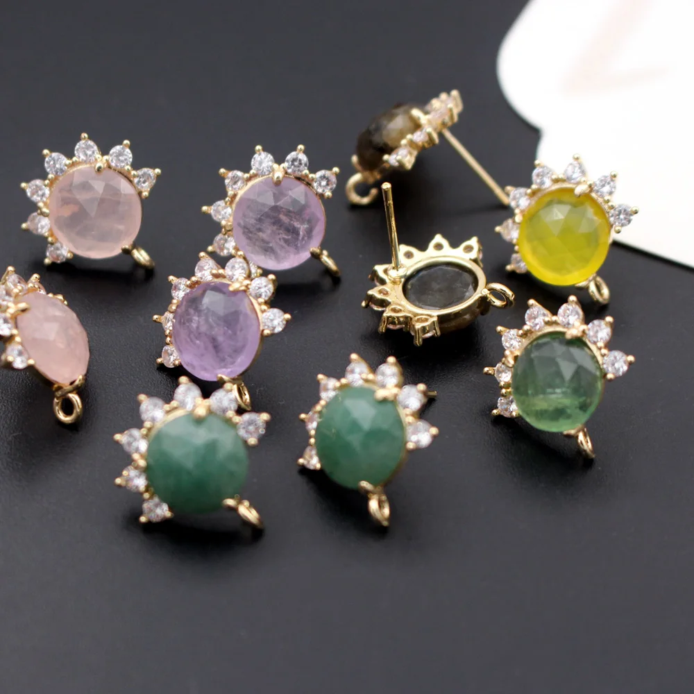 

6pair Rose Quartz Labradorite Stone CZ Sunburst Studs Earrings Post with Loop Linker DIY for Women Hanging on Drops Earrings