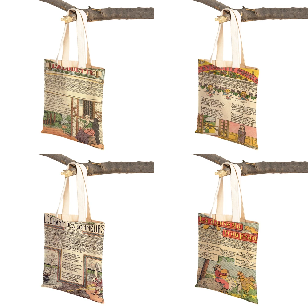 Vintage Newspaper Woman Shoulder Bags Shopper Folding Canvas Tote Designer Handbags Europe Music Printed Travel  Shopping Bag