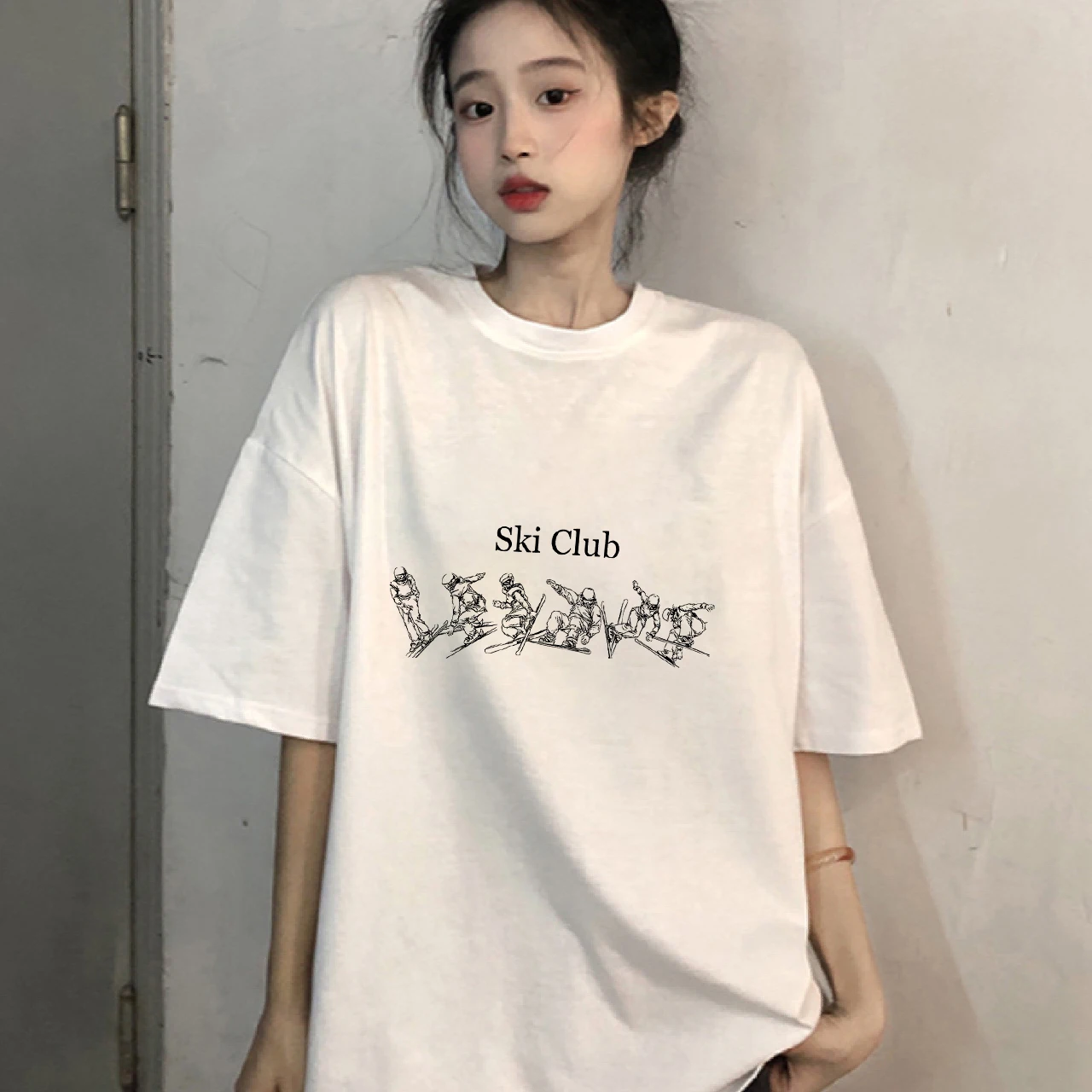 

Ski Print Short-sleeved Couple T-shirts, American High Street Loose Pure Cotton Half-sleeved, 2025 New Trendy Brand Summer