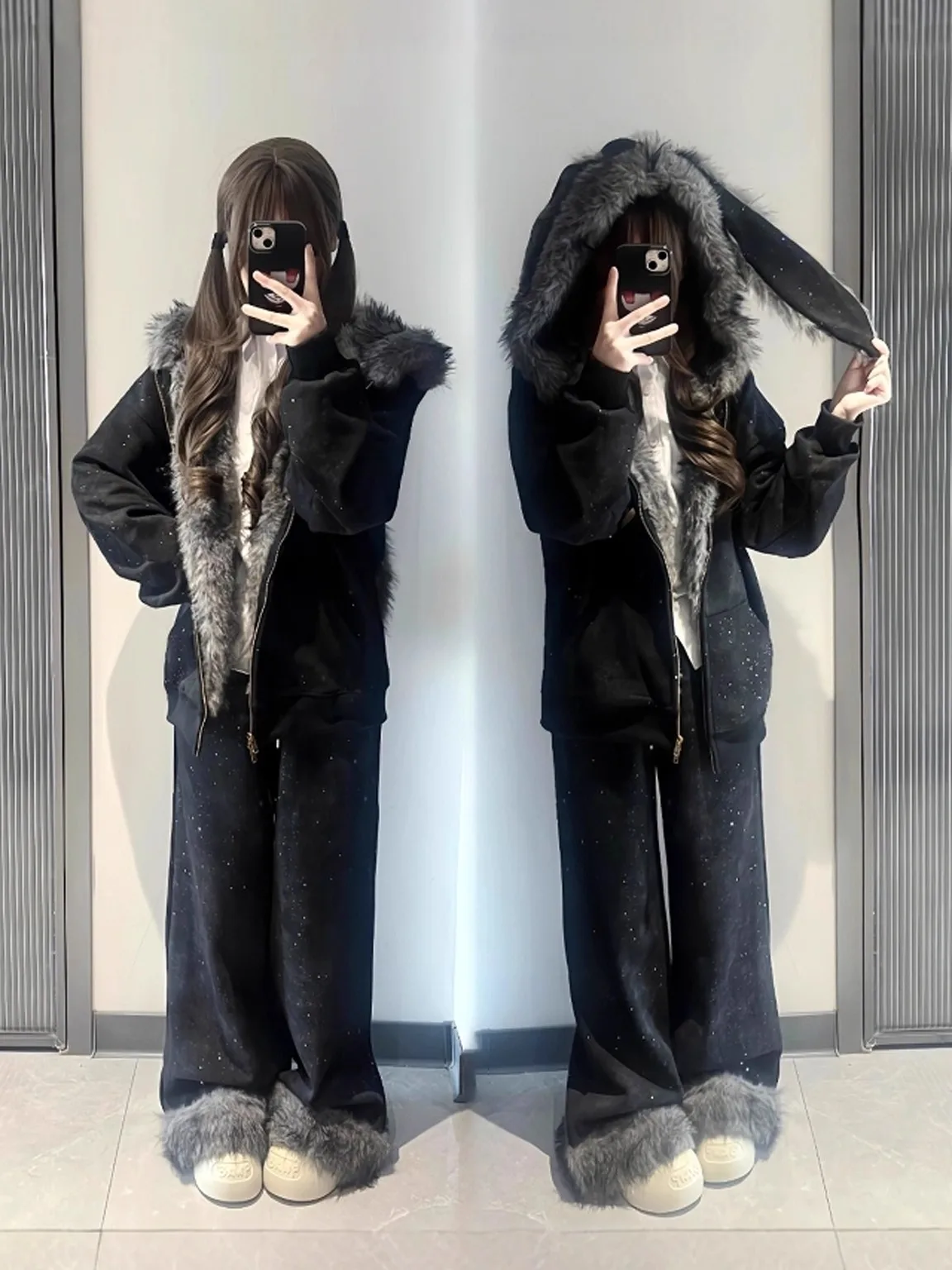 

Winter Casual Hooded Sweatirt Jaet plus Size Women's Unique Set with Faux Fur Collar And High Waist Trousers