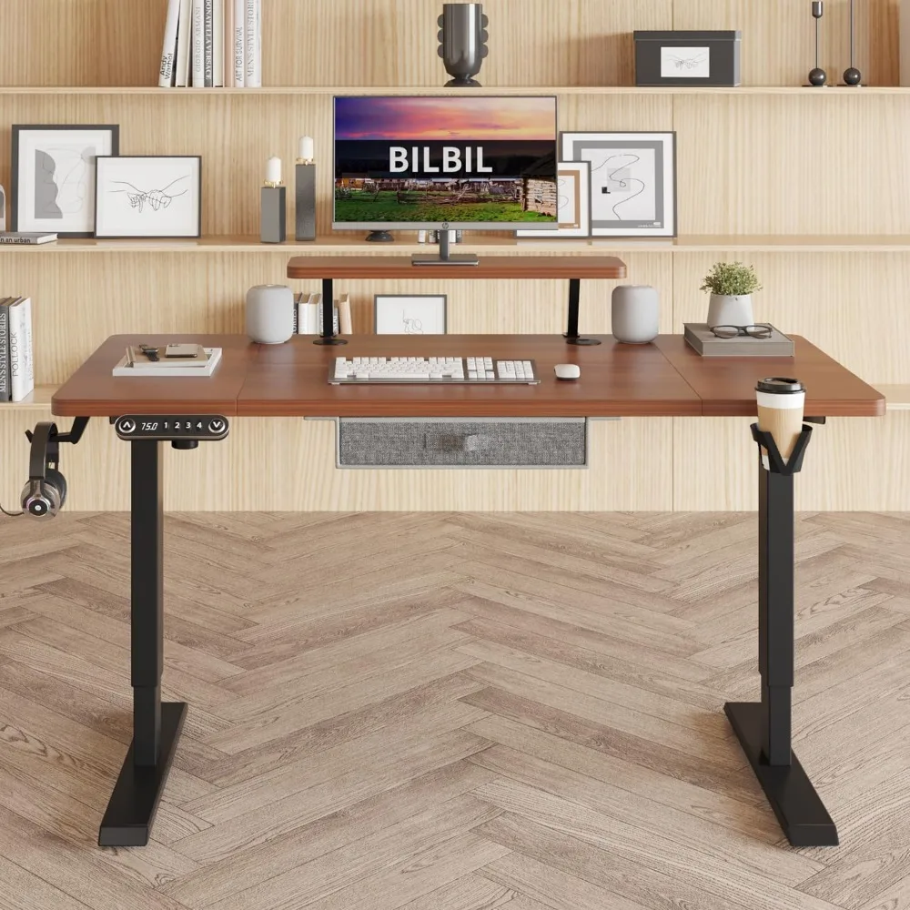 Electric Standing Desk with Drawer, 55x30 Inches Adjustable Height Sit Stand Up Desk with Storage Shelf