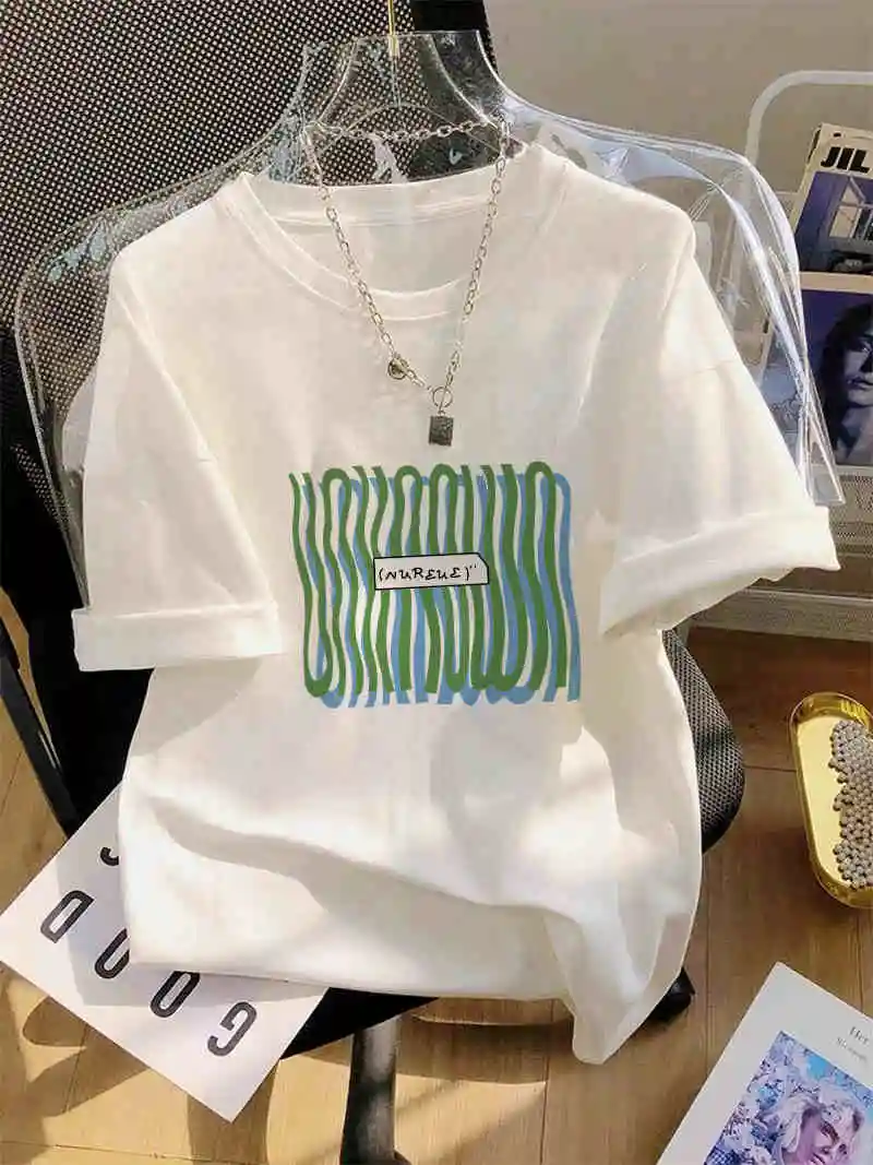 White Meteor Printed Short Sleeve T-shirt Women Summer Loose Design Sense Temperament Top Harajuku Versatile Couple's Tees