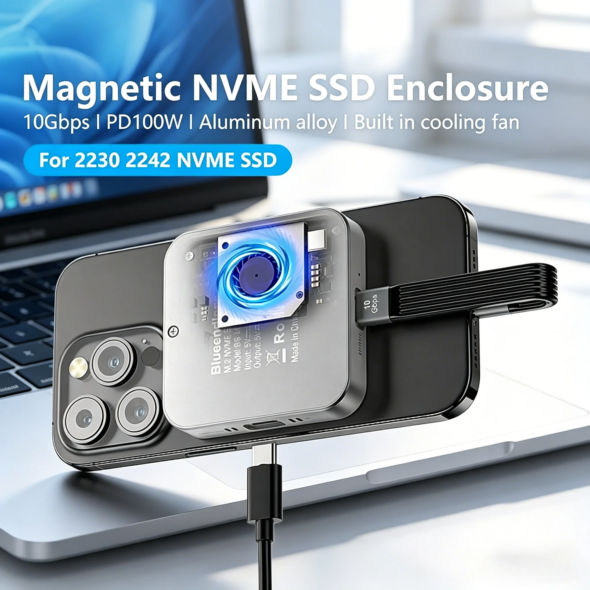 Portable Magnetic M.2 SSD Enclosure 2230 2242 PCIE NVMe Type C 100W PD Charging Cooling Fan for Mac