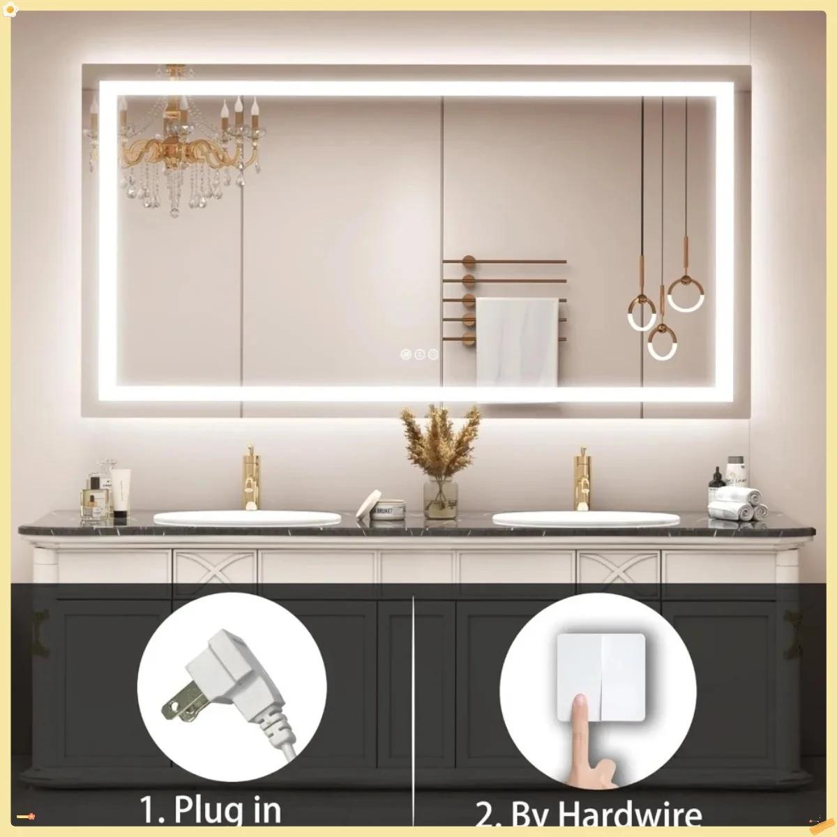 กระจกห้องน้ำแบบมีไฟขนาด 60x40 นิ้ว สำหรับติดผนัง, กระจกแต่งหน้าแบบมีไฟ LED, ปรับความสว่างได้, ป้องกันฝ้า, ได้รับการรับรองมาตรฐาน ETL