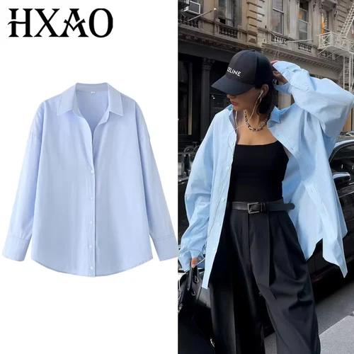 HXAO 2025 Camisa larga azul para mujer, camisas de gran tamaño de manga larga para primavera, blusas informales de estilo coreano con botones