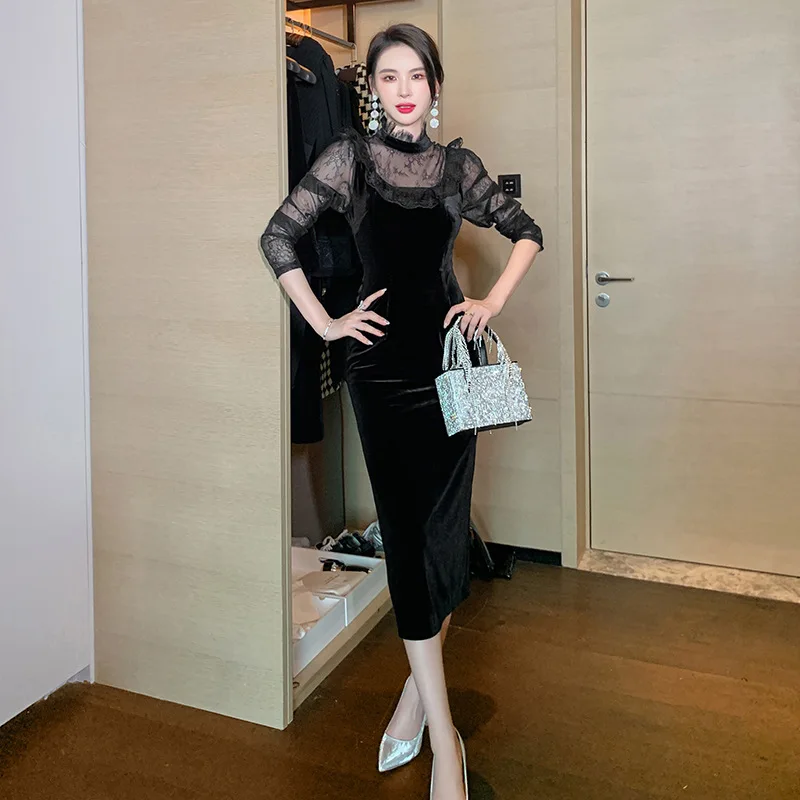 

Coigarsam Women Bodycon Dress 2024 New Sexy Patchwork Solid Lace Long Sleeve Sheath Stand Neck Hollow Out Black Dresses