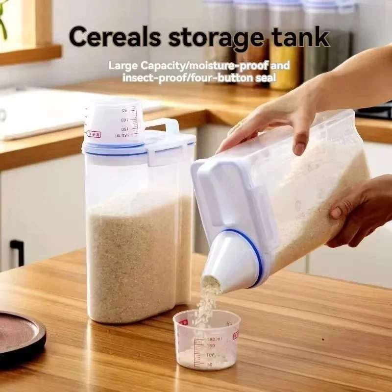 Wall-Mounted Rice Storage Dispenser with Measuring Cup, Sealed Plastic Grain Container for Kitchen Pantry Organization