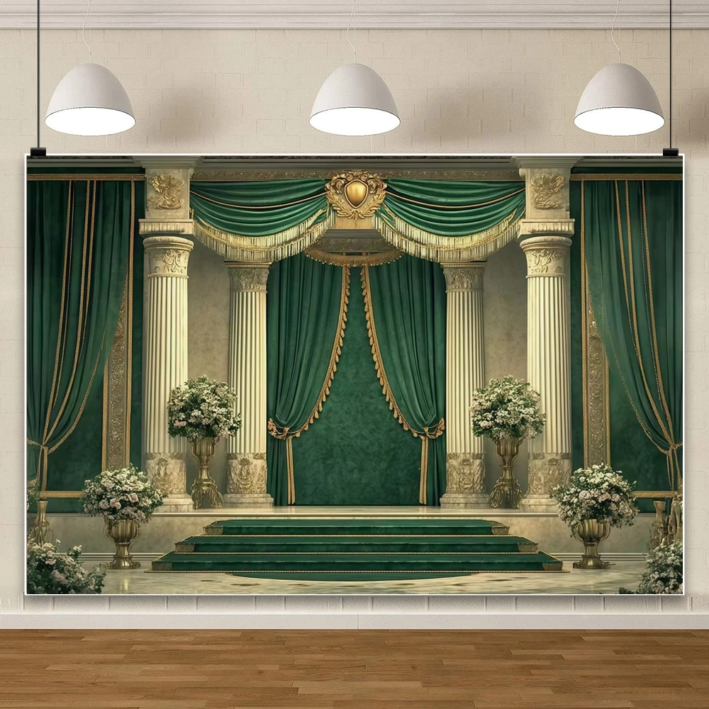Luxury Palace Curtain Backdrop Gold Vintage Column Chandelier Wedding Royal Ballroom Event Props Photography Background Decor