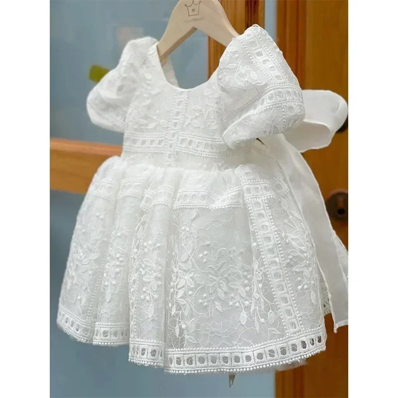 

Puff Sleeve Toddler Girls Princess Dresses with Bow Kids Ball Growns Wedding Dress Baby Girl 1st Birthday Party Dress