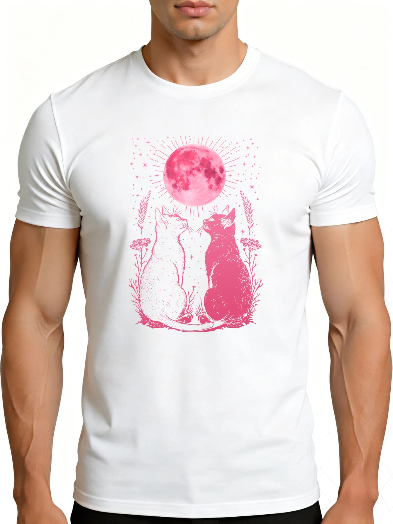 Men's Graphic T-Shirt - Breathable, Soft, Lightweight - Pink Moon Cat and Flowers - Vintage Fun Pattern Casual Short Sleeve Summer Top, Gift for Him
