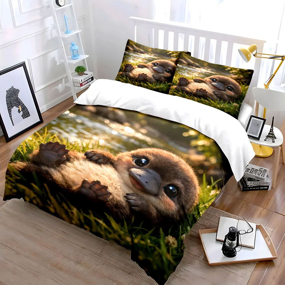 Platypus resting by riverside Bedding Set for Kids Luxury Gift 3pcs Digital Print Comforter Set Soft Comfortable Breathable