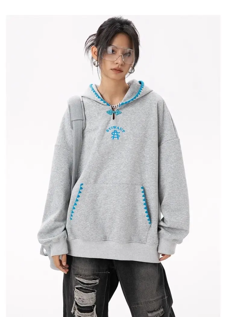 New design sense of Chinese plate buckle hooded sweatshirt autumn pounds fat mm loose design sense of lace hoodie y2k ins emo