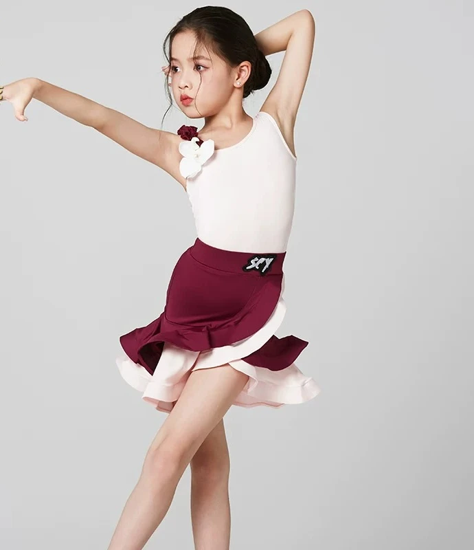 Girl Sling Latin Dance Set Red White Contrast Color Summer New Kids Professional Training Stage Competition Ballroom For Dancers
