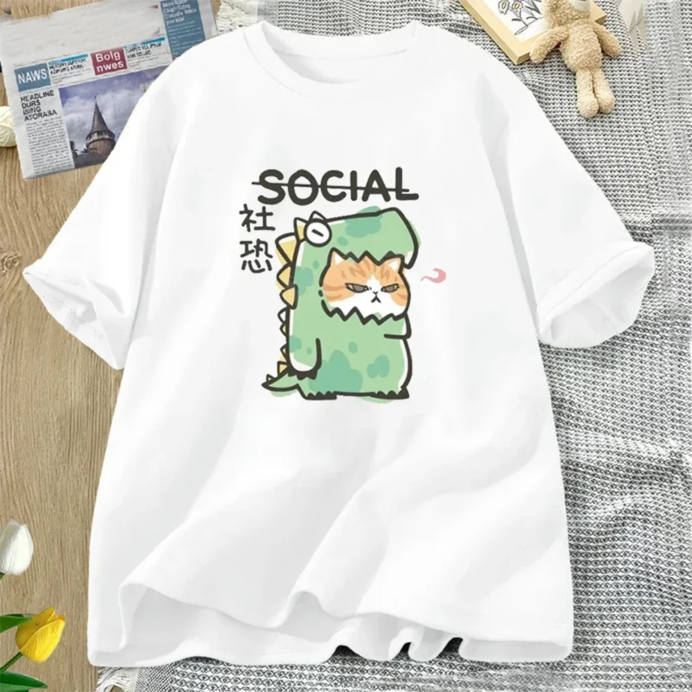 

Kawaii футболки с рисунком динозавра, кошки и подруги, хлопковые женские и мужские повседневные летние футболки с круглым вырезом, уличная одежда в стиле Харадзюку, топы большого размера