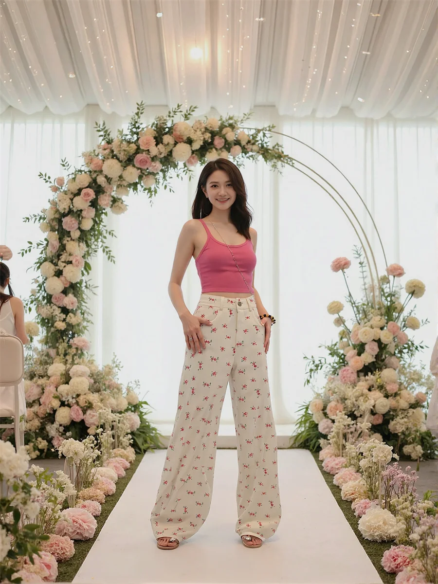 Sweet Floral High Waist Jeans Baggy For Woman Denim Pants Women Clothes Summer Lightweight Bootcut Beachwear Holiday Vacation BF