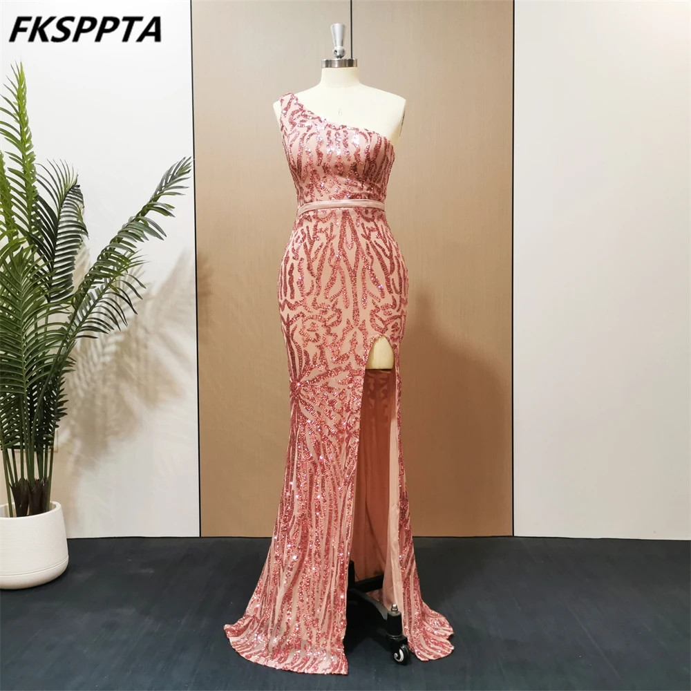 Lovely Pink Mermaid Dress Evening With Split One Shoulder Floor Length Elastic Sequined Plus Size Women Prom Party Gown In Stock