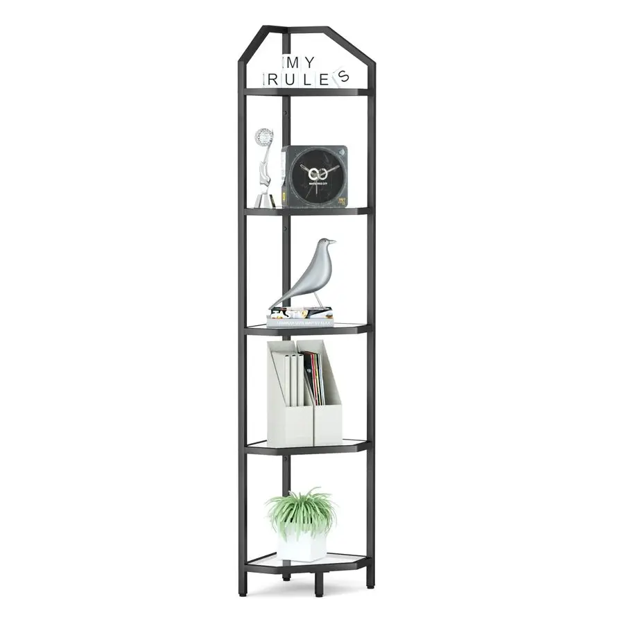 

Corner Shelf Stand, Black Corner Bookshelf, Bathroom Storage Rack Shelf, Plant Rack, Tempered Glass, Steel Frame, Modern Style f