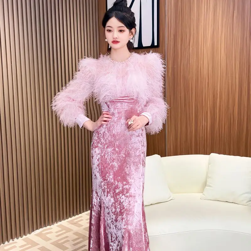 

Velvet fishtail dress autumn and winter women's 2025 new white high-end light luxury niche dress hip skirt