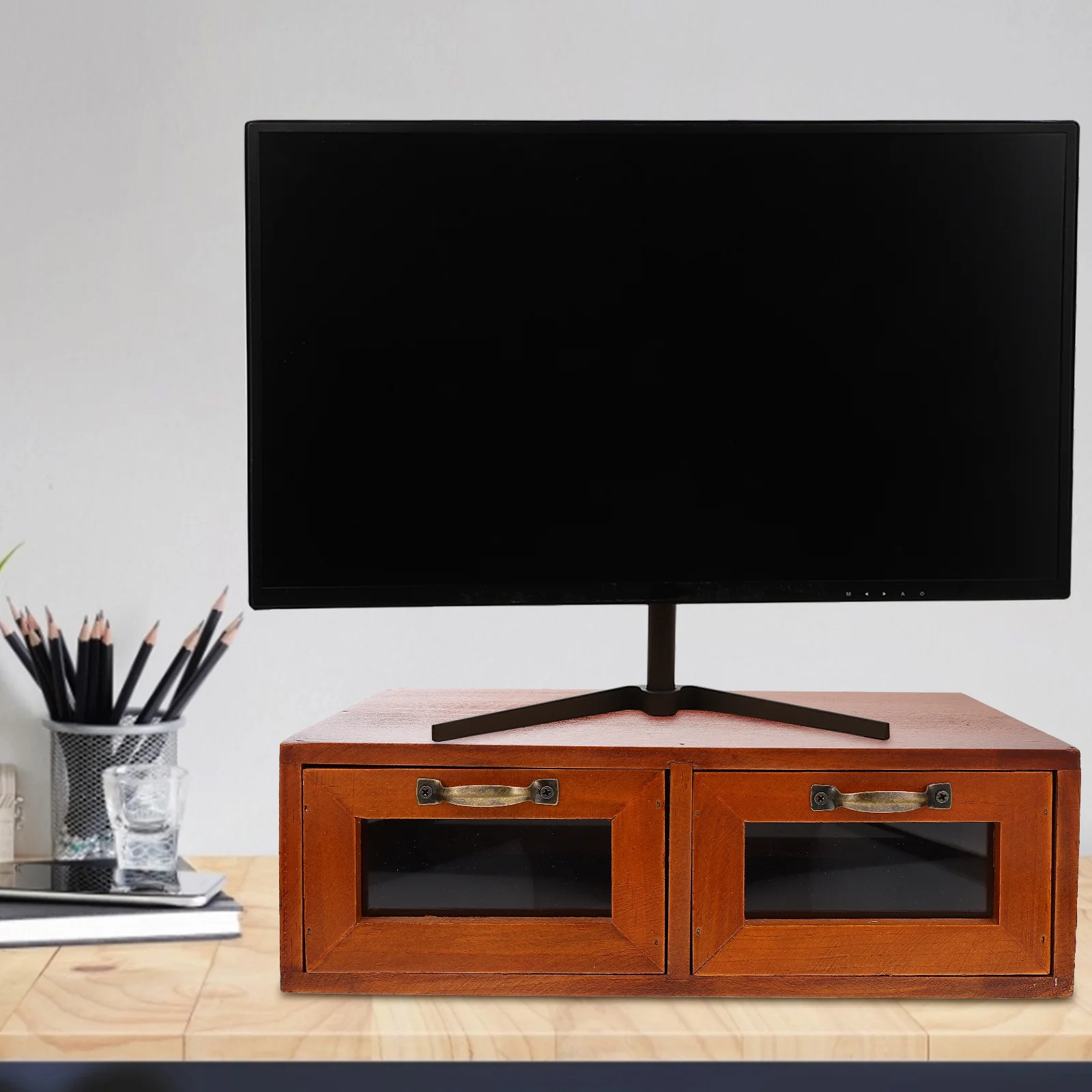 1Pcs Retro Storage Box with Glass Front Wooden Desktop Organizer for Jewelry Makeup Accessories Small Drawer Type Storage Case