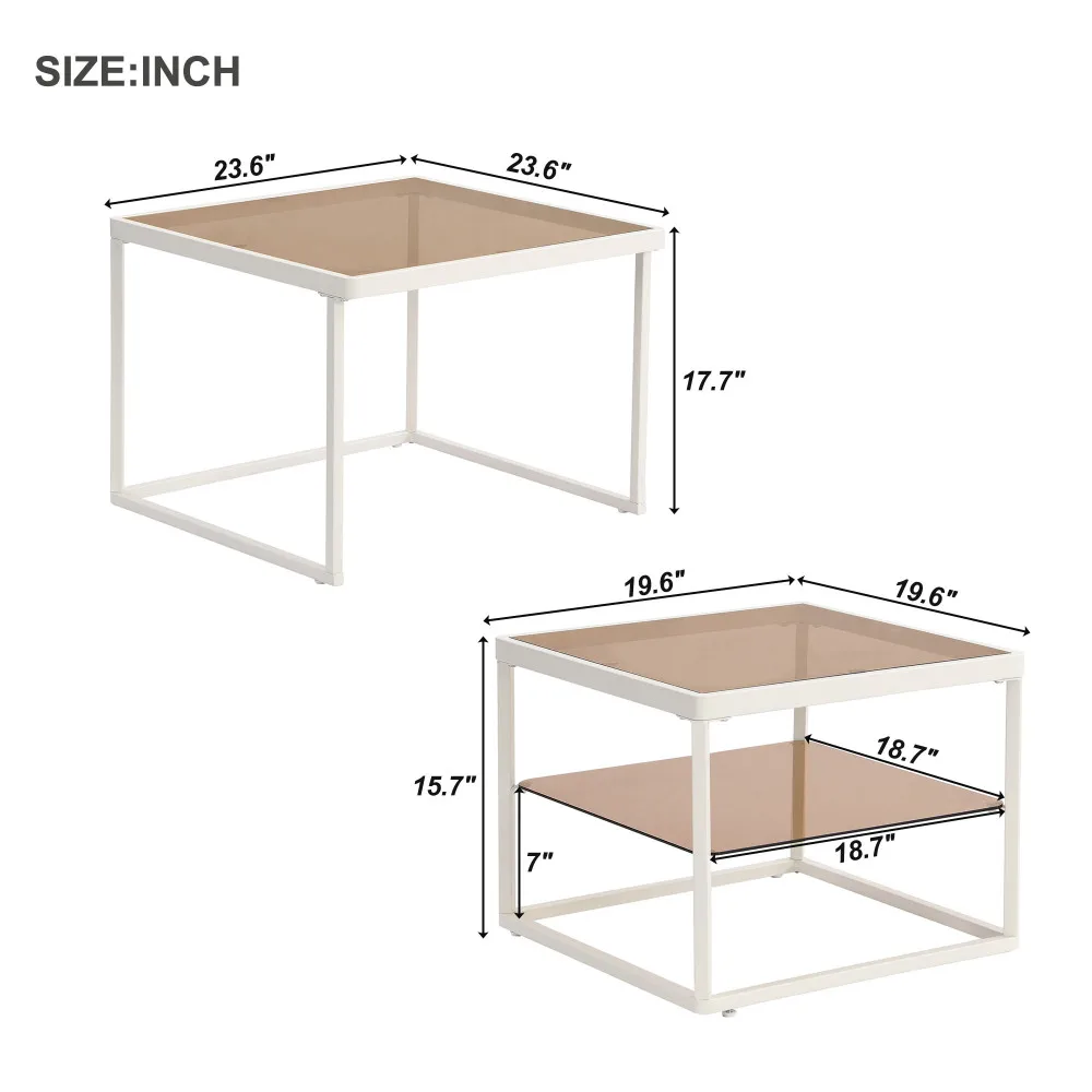 Modern nested coffee table set with a combination of high and low,Brown tempered glass cocktail table with metal frame