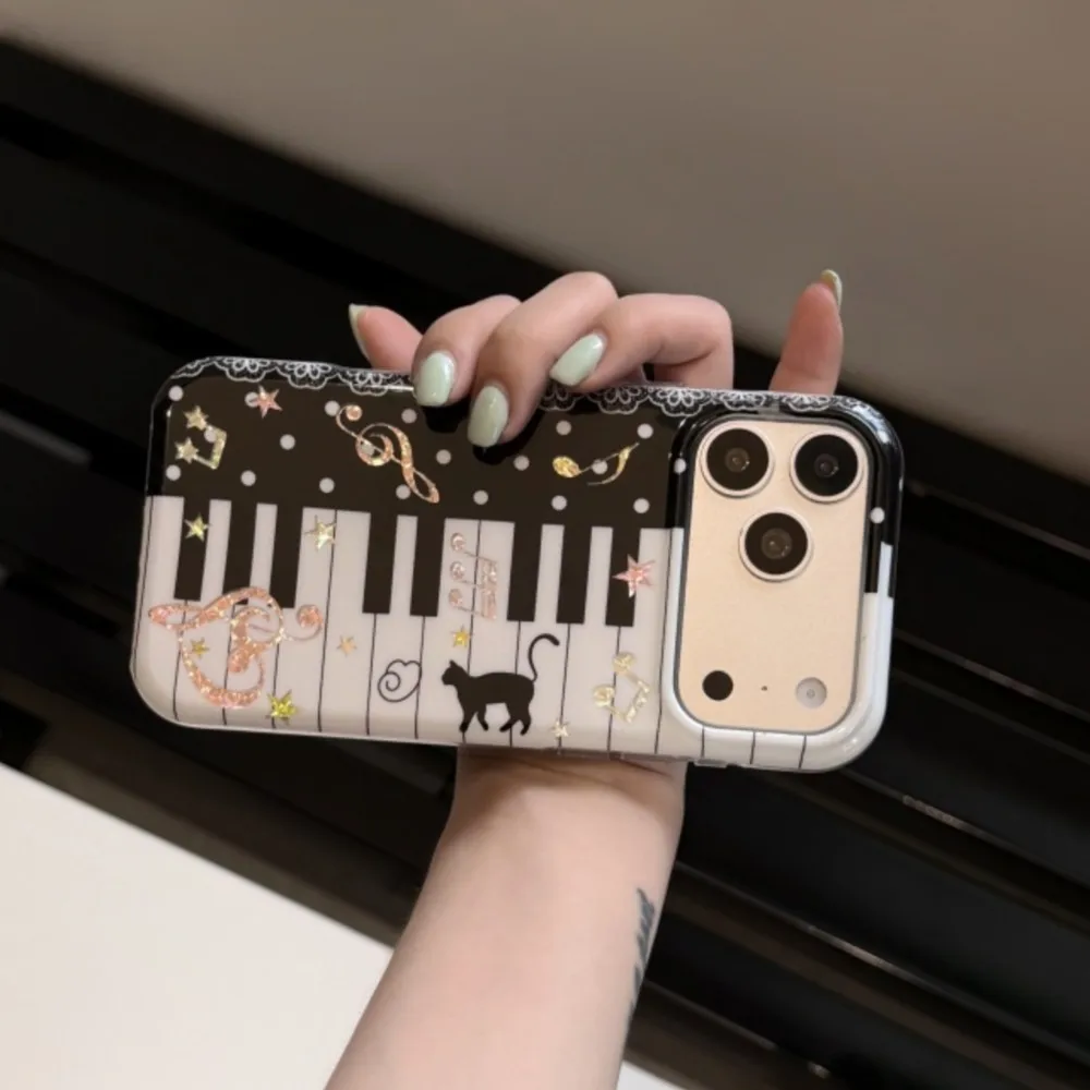 Piano Keyboard Music Note Cat Print Phone Case for iPhone 17 16 15 Pro Max Lace Glitter Shockproof Soft TPU Cover
