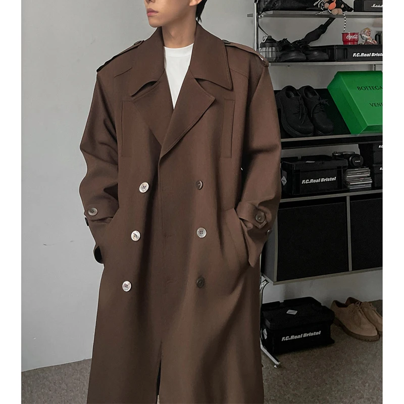 Men's Korean Fashion Long Trench Coat – Slim Fit Double-Breasted Overcoat with Notched Collar & Shoulder Details Outerwear