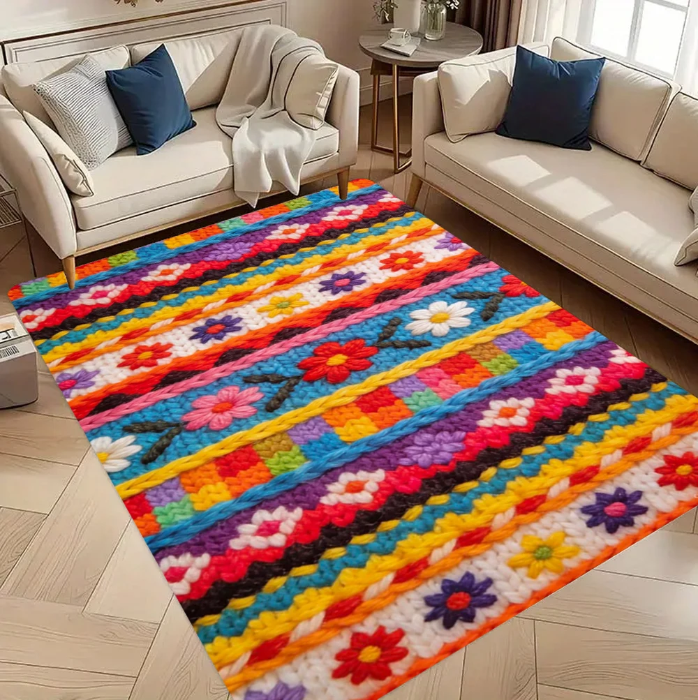 Boho Colorful Flower Stripes Graphic Rug Living Room Bedroom Nursery Playroom Floor Mat Soft Non Slip 2D Flat Mat Home Decor
