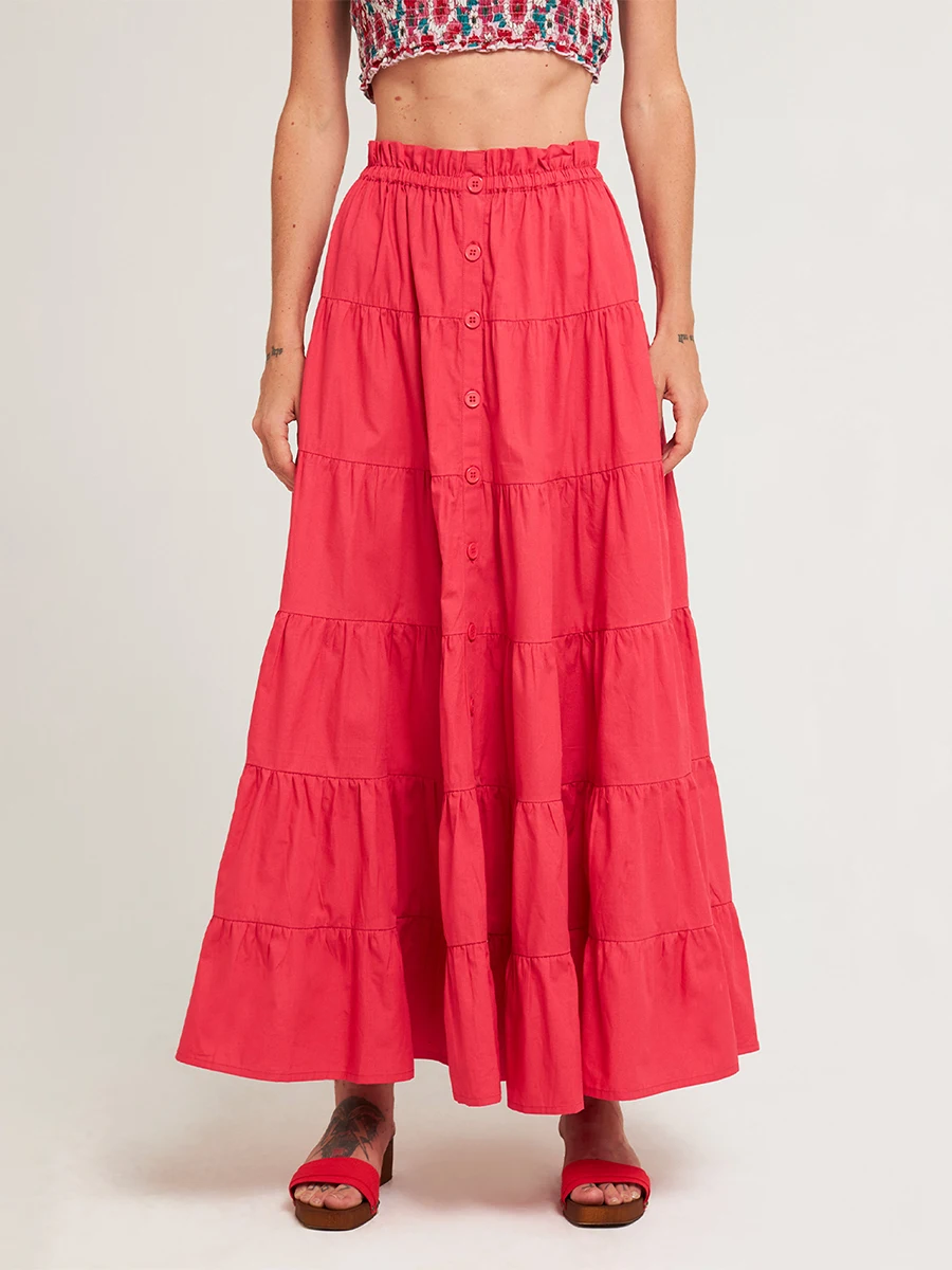 

Women s Summer High Waist Skirt Solid Color Tiered Button Long Skirt for Travel Beach Shopping